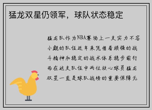 猛龙双星仍领军，球队状态稳定
